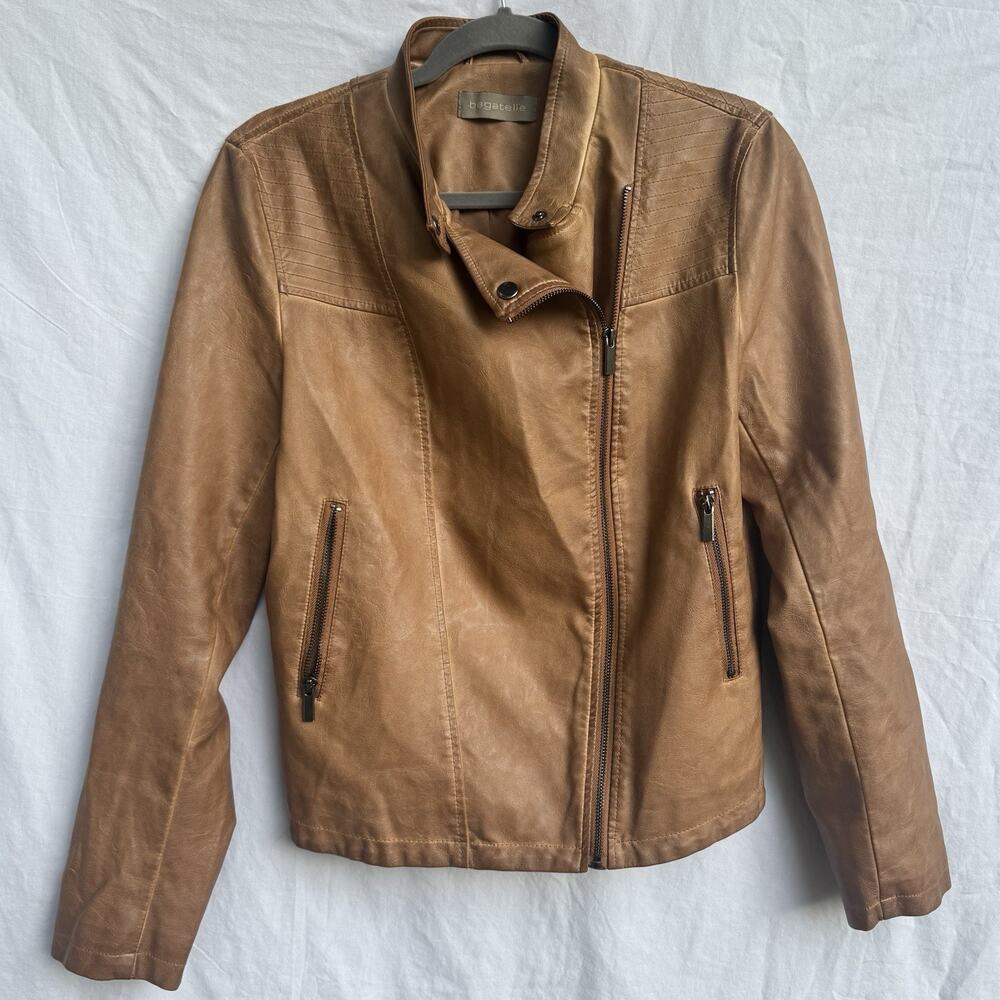 Bagatelle Cruelty-Free Vegan Faux Leather Moto Jacket Womens Sz M Brown Full Zip